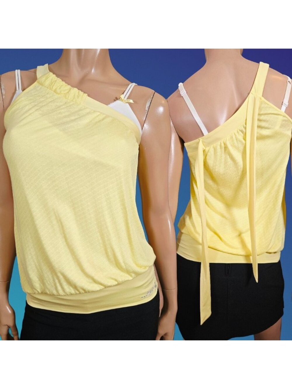 Y2K Yellow One Shoulder Layered Tank Top With Ties Size S Blouson 2000s